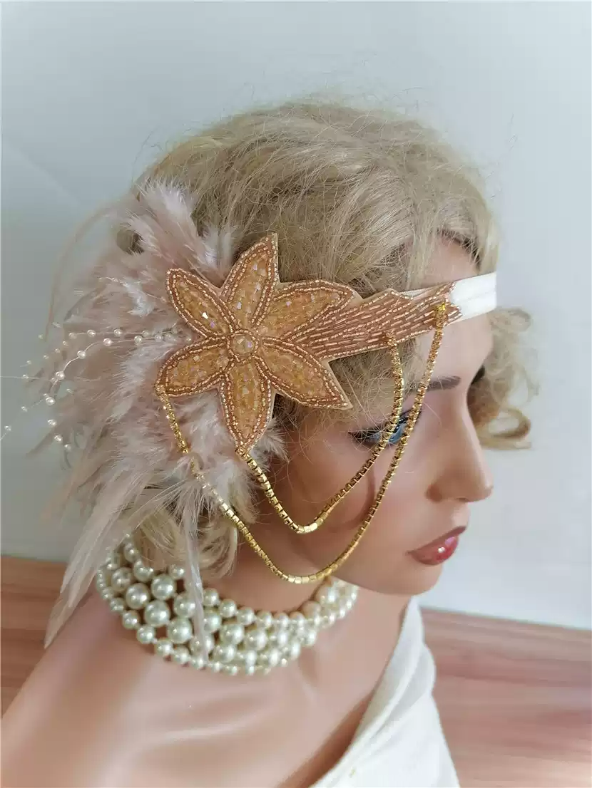 Vintage-Inspired Flapper Headband with Pearl and Feather Accents