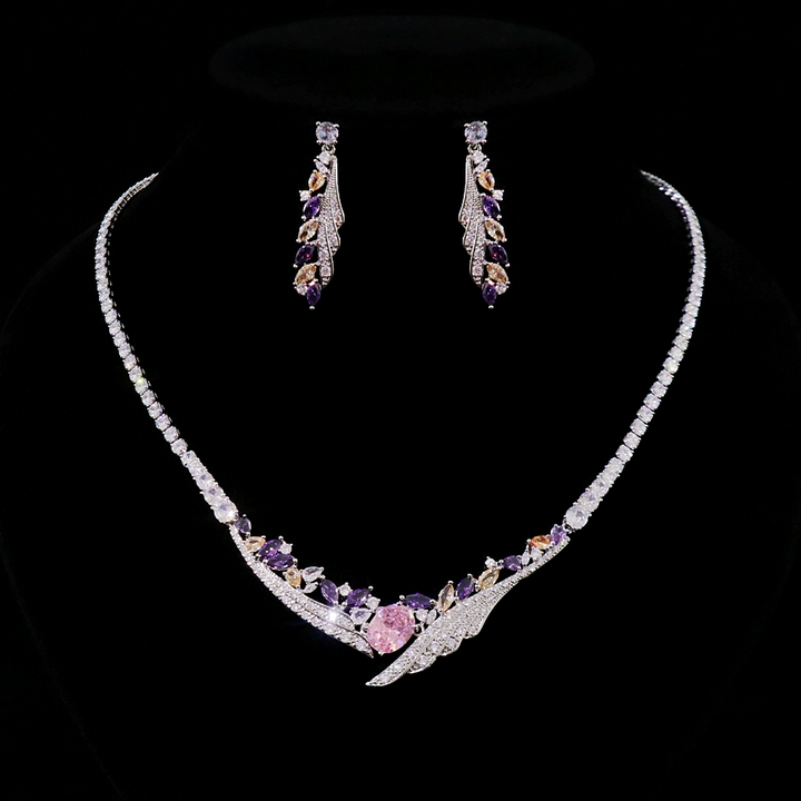 Luxurious Purple Color Necklace and Earrings - Silver Jewelry Set