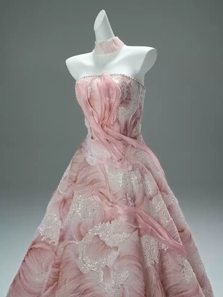 Pink Evening Dress Ball Gown with Glitter Floral Embroidery – Strapless Evening Gown with Sheer Neck Wrap Plus Size