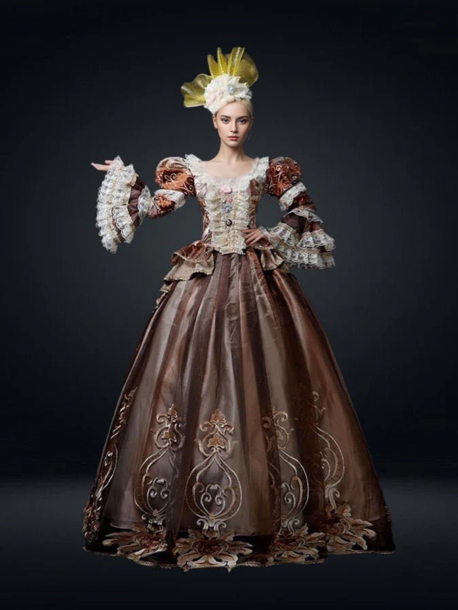 AMAIL アマイル ARISTOCRATIC LADY GOWN Medieval-inspired Taupe Lace Embroidered Marie Antoinette dress