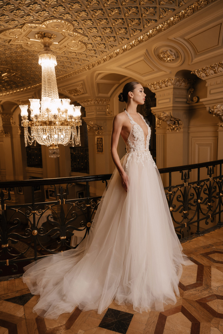 Ivory Floral Wedding Dress with Tulle and Deep Neckline – A-Line Wedding Dress with Sleeveless Plus Size – CECILIA