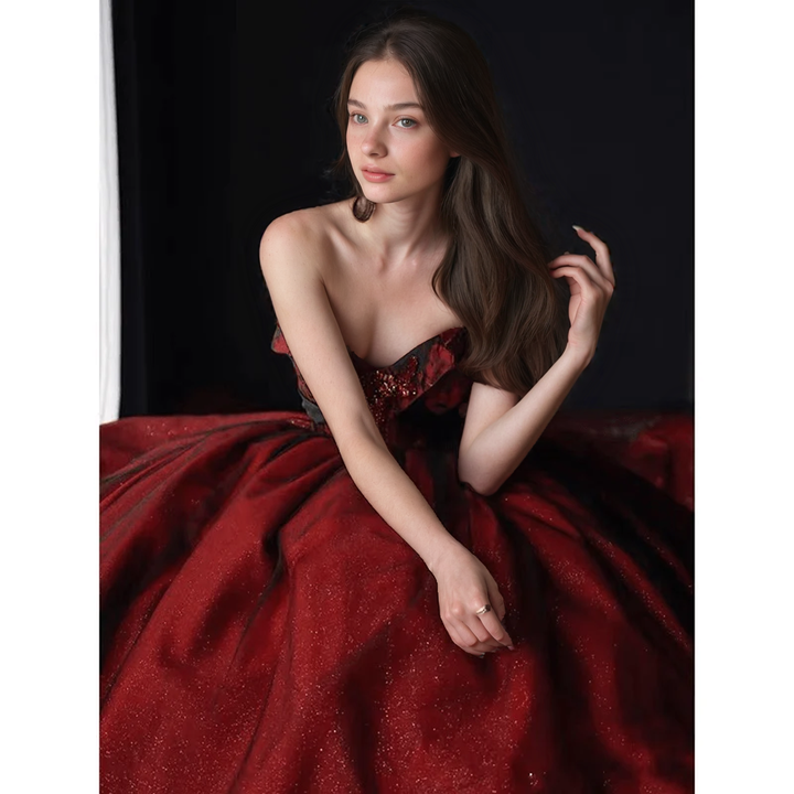 Gothic Black And Red Wedding Dress With Gloves - Burgundy Ball Gown Plus Size