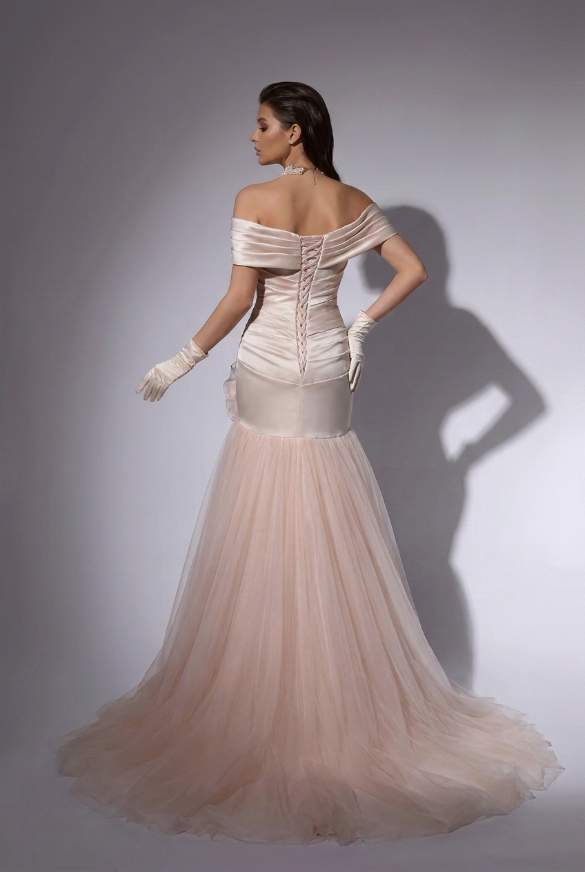 Champagne Pink Off-the-Shoulder Mermaid Evening Gown with Organza Rose and Tulle Skirt – Luxury Satin Formal Dress Plus Size