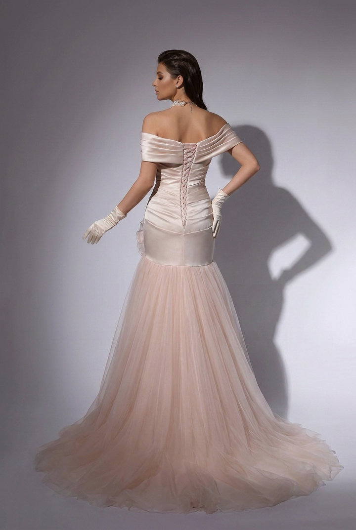 Champagne Pink Off-the-Shoulder Mermaid Evening Gown with Organza Rose and Tulle Skirt – Luxury Satin Formal Dress Plus Size