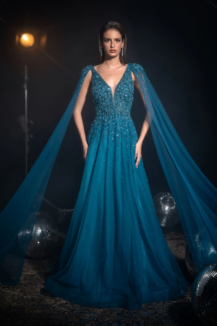 Gothic Royal Blue Prom Dress with Cape Sleeves - Designer Sequin Gown - Embellished Gown Plus Size