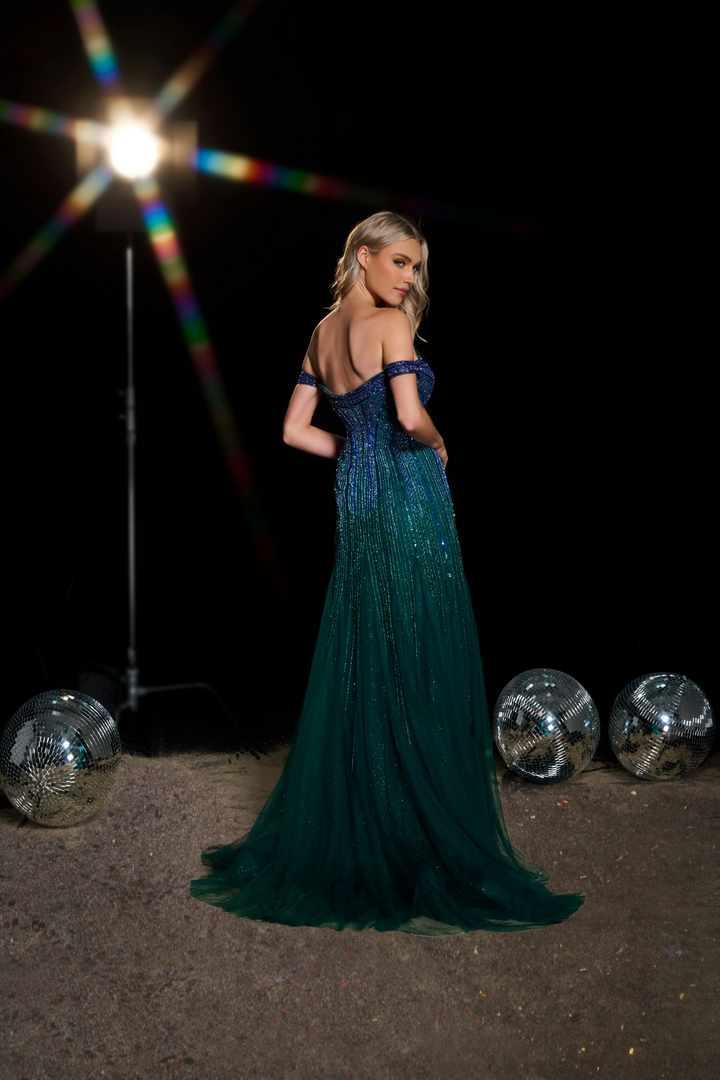 Gothic Green and Blue Sequin Ball Gown - Off the Shoulder Designer Sequin Gown - Pretty Sparkly Maxi Dress Plus Size