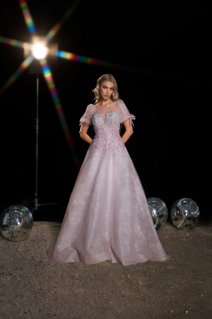 Pink Sequin Ball Gown with Puff Sleeves - Embellished Gown with Sweetheart Neckline - Sparkly Pink Sequin Dress Plus Size