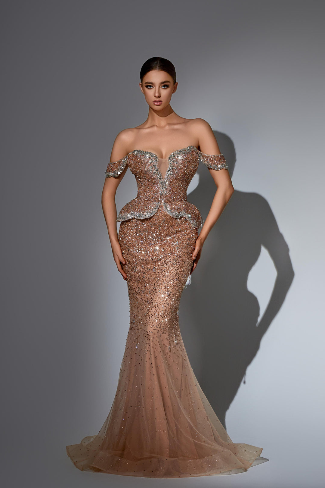 Oilver Green Sequin Evening Dress with Off Shoulder Bodice – Sparkly Mermaid Evening Gown with Peplum Detail Plus Size
