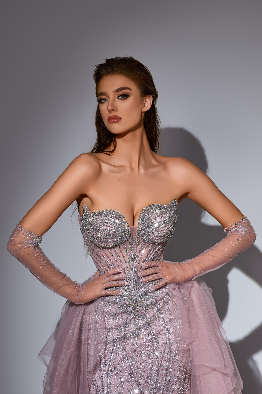 Champagne Sequin Dress with Strapless Bodice and Overskirt – Strapless Glitter Dress with Tulle Plus Size