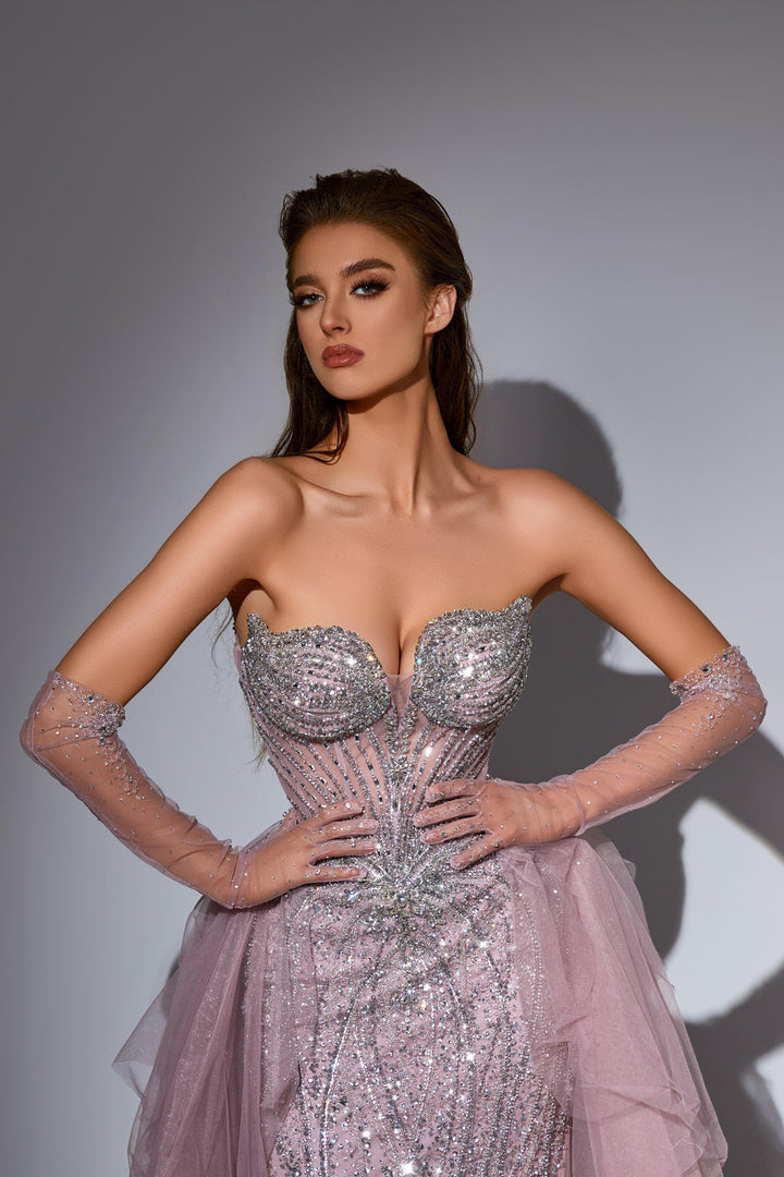 Champagne Sequin Dress with Strapless Bodice and Overskirt – Strapless Glitter Dress with Tulle Plus Size
