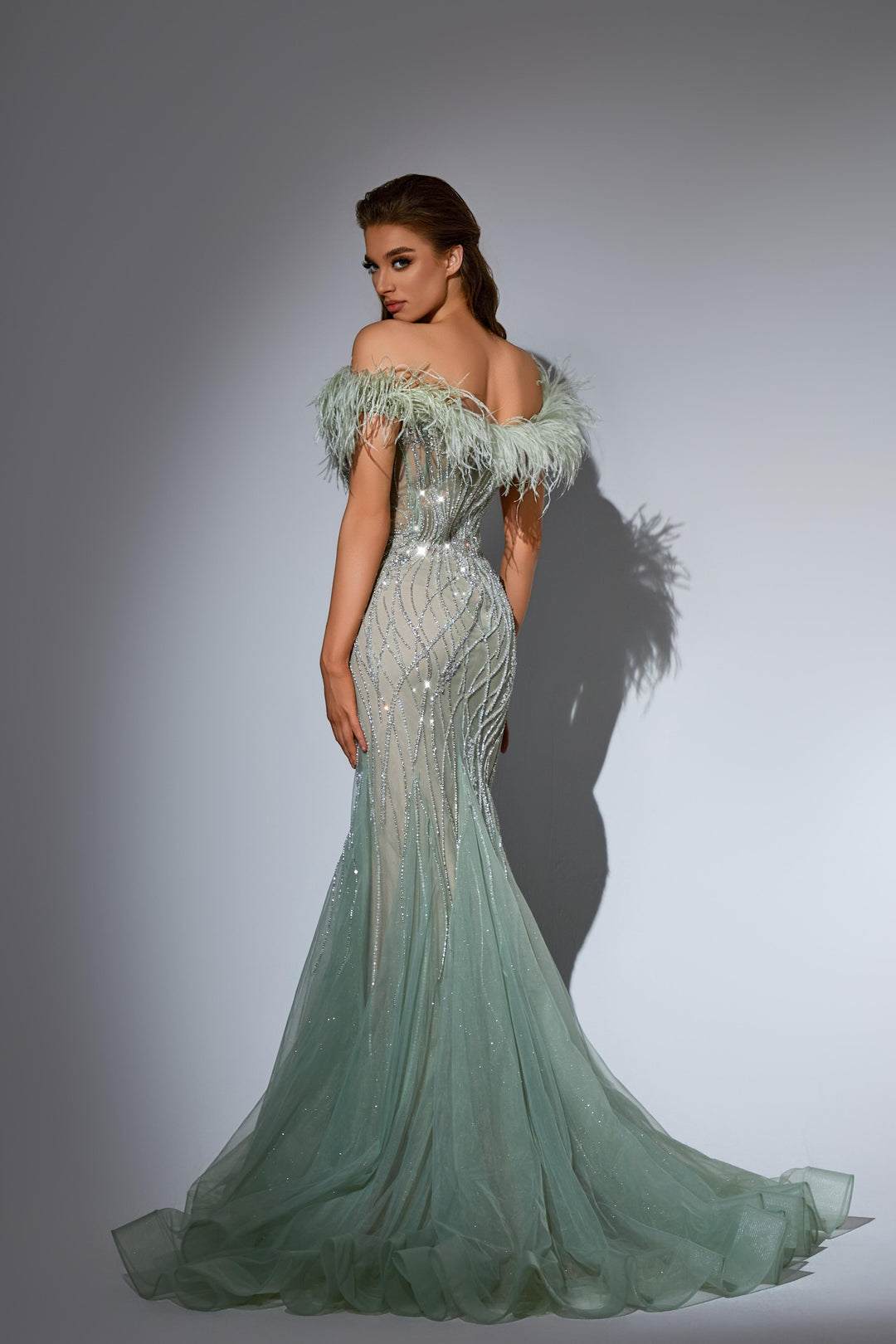 White Sequin Dress with Feather Off-Shoulder Bodice – Sequin and Feather Dress with Tulle Plus Size