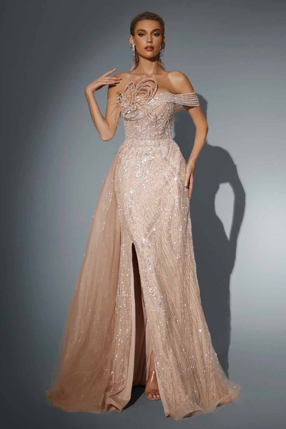 Blush Pink Sequin Evening Gown with Feather Accent - Elegant Sequin Evening Gown with Flowing Train - Pink Sequin Dress Plus Size