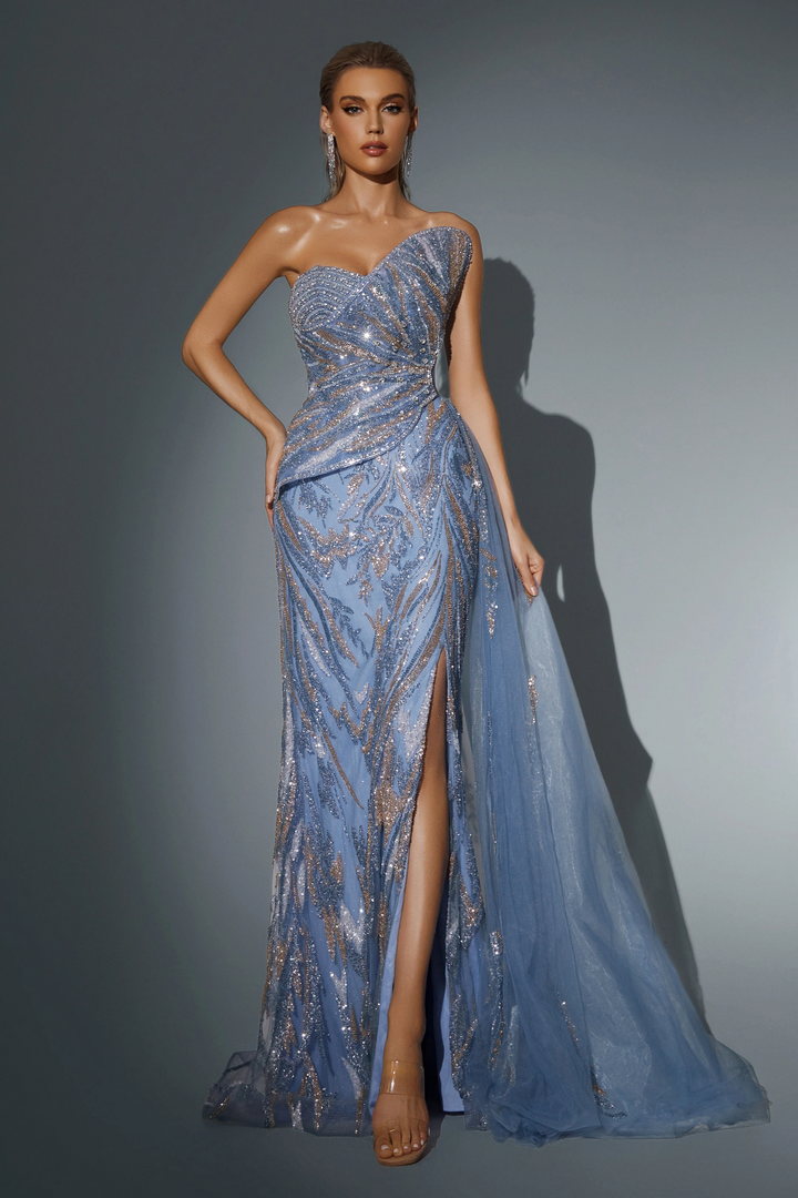 Blue Sequin Evening Gown with Strapless Design - Pretty Sequin Dress with Thigh-High Slit - Sparkly Maxi Dress Plus Size