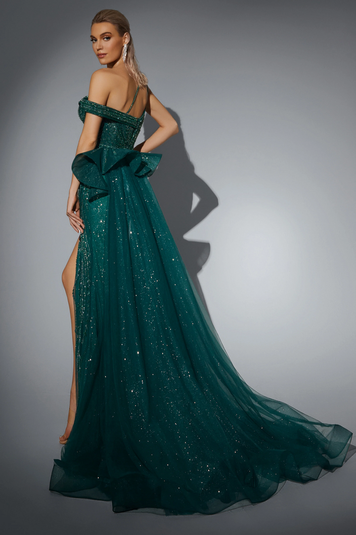 Gothic Emerald Green Glitter Dress with Off-Shoulder Design - Designer Sequin Gown with Flowing Tulle Skirt - Pretty Sequin Dress Plus Size