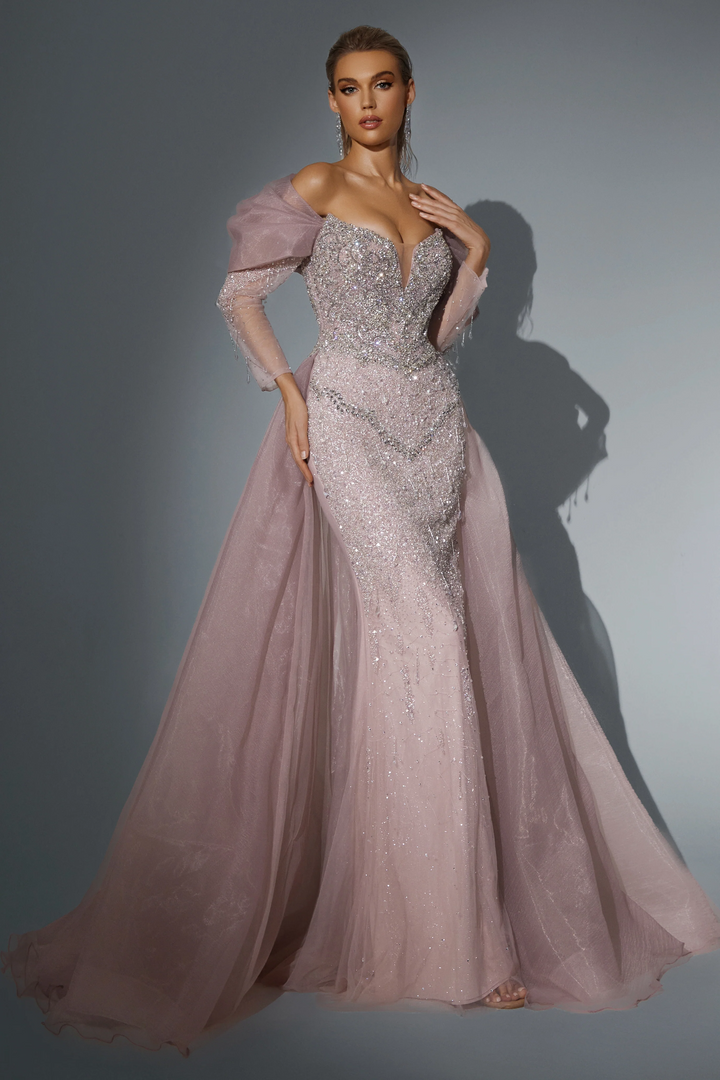 Blush Pink Sequin Ball Gown with Elegant Puff Sleeves - Designer Sequin Dress with Train Plus Size