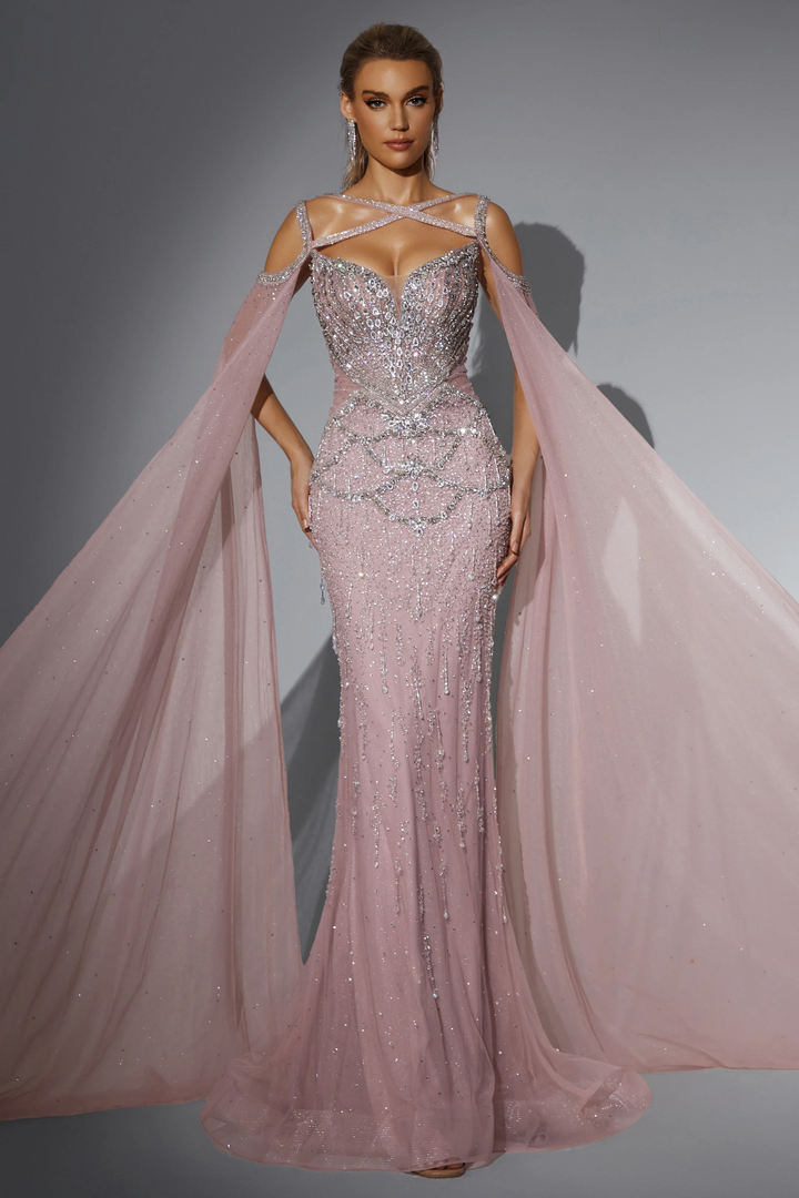 Blush Pink Sparkly Maxi Dress with Cape Sleeves - Embellished Gown with Cut-Out Back - Pink Sequin Dress Plus Size