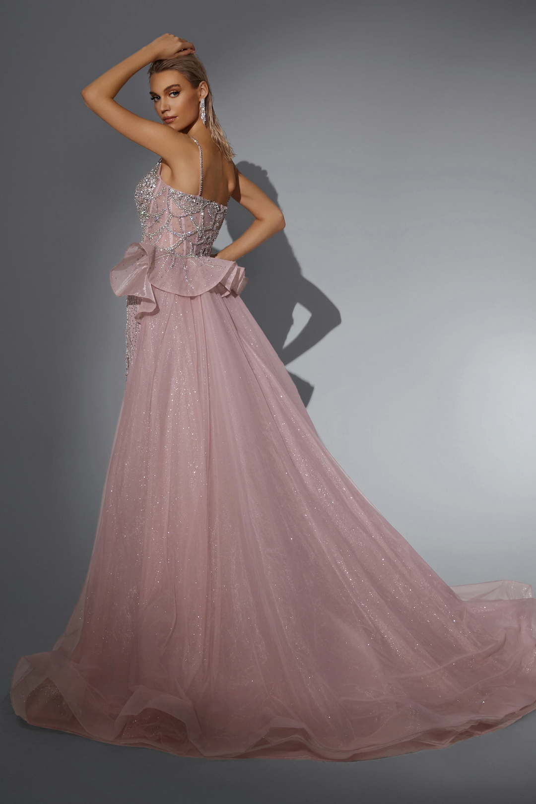 Pink Sequin Ball Gown with Illusion Bodice - Designer Sequin Gown with Flowing Tulle Skirt - Pink Sequin Dress Plus Size