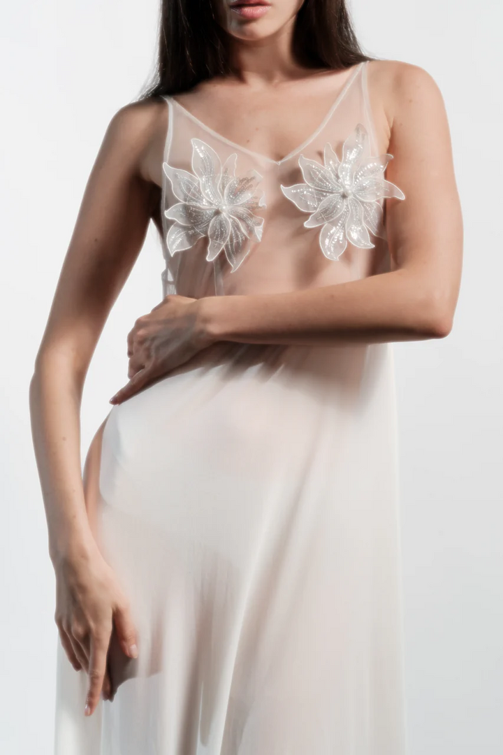 Ethereal Ivory Floral Embellished Night Gown