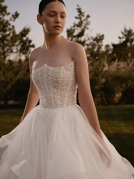 Tiered Bridal Gown  with Beaded Corset and Pearl Embroidery – Strapless Wedding Dress - Wedding Dress Corset with Pearl Beading Plus Size - Diana
