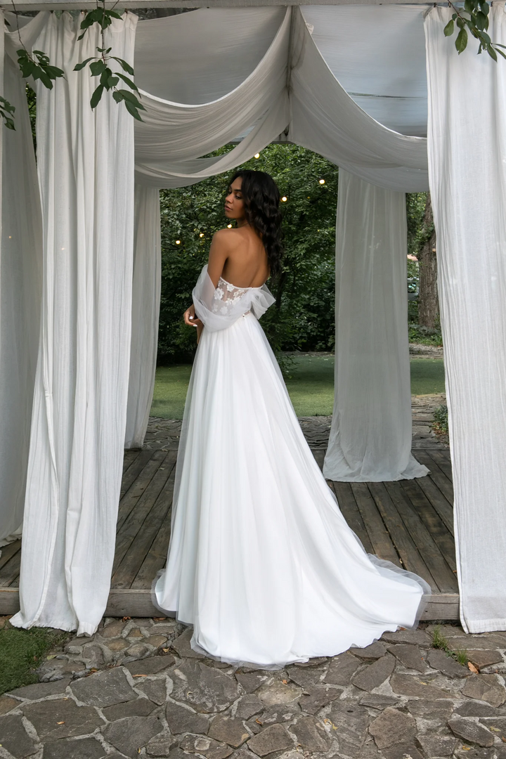 Ivory Boho Wedding Dress with Sweetheart Corset and Tulle Straps – Chiffon Wedding Dress with Train Plus Size - Marta