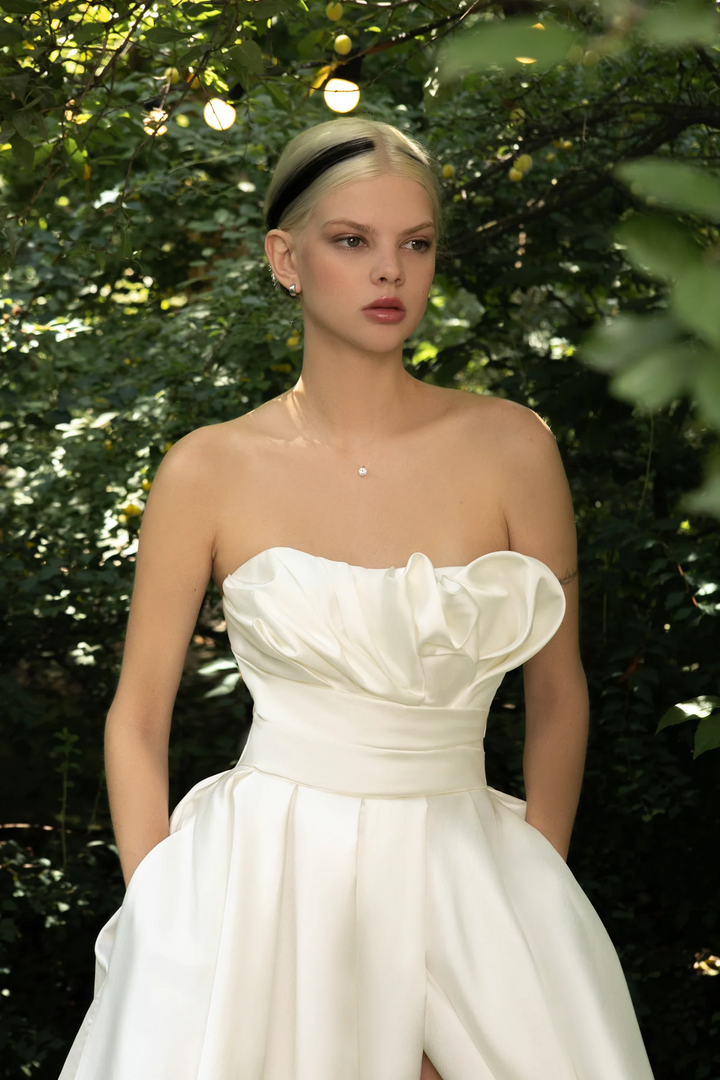 Ivory Strapless Wedding Dress with Designer Draping Corset – Simple Wedding Dress with Luxurious Train and Slit Plus Size - Melody