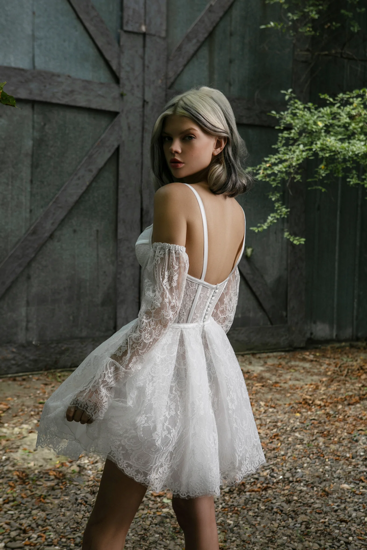 Ivory Lace Mini Wedding Dress with Satin Ribbon Corset – Wedding Reception Mini Dress with Convertible Lace Sleeves Plus Size - Molly