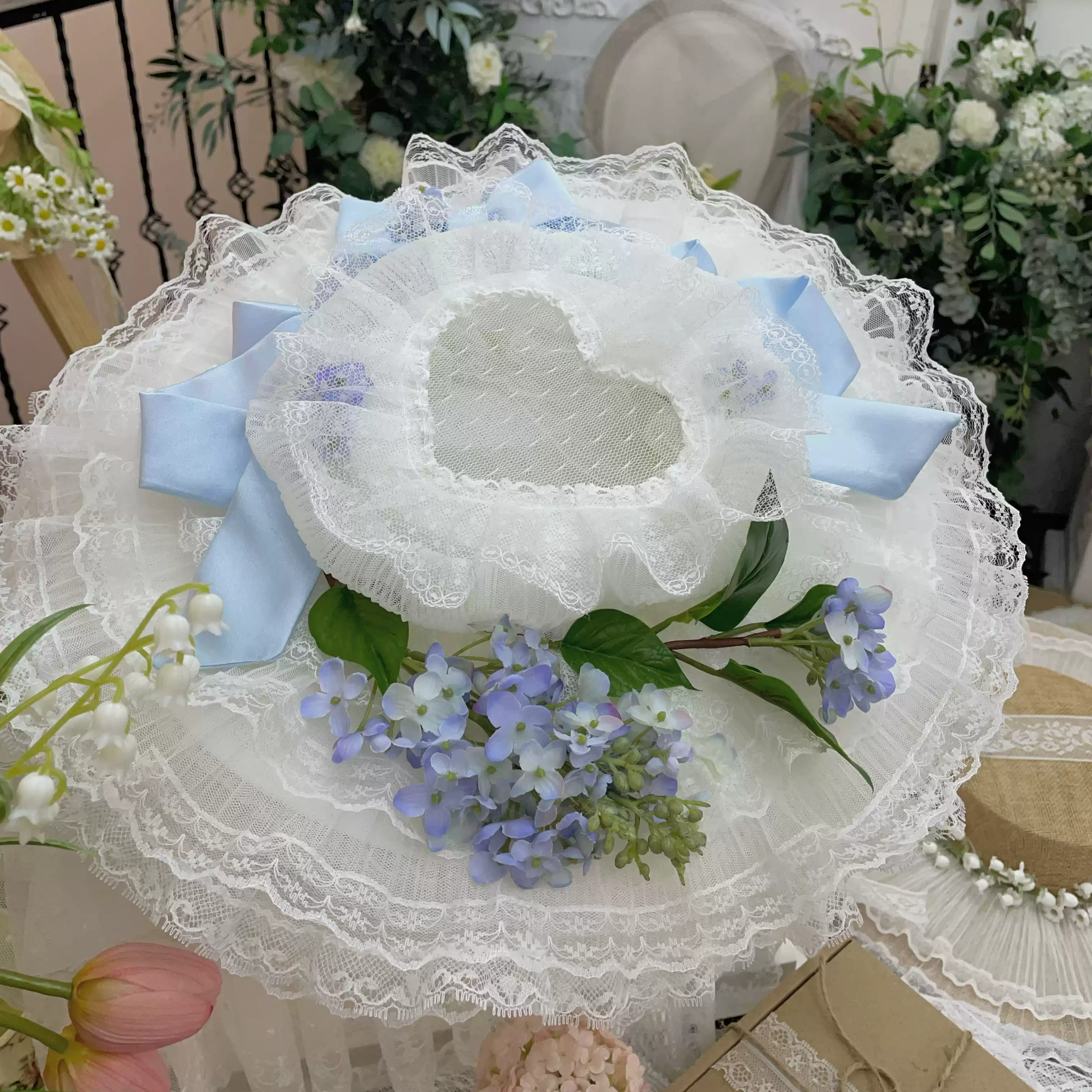 帽子 open sesame club FLEUR LACE BONNET Vintage-Inspired Blue Lolita Hat with Floral - Lace Bonnet with