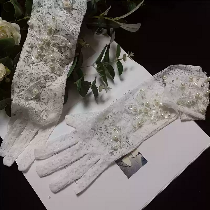 Luxurious Long Lace Bridal Gloves with Pearl Detailing and Floral