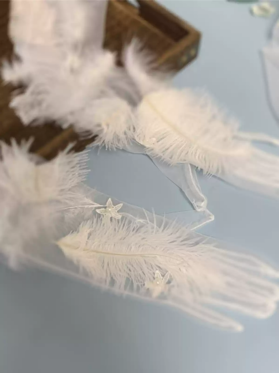 Vintage-Inspired White Feather Bridal Gloves with Star Embellishments