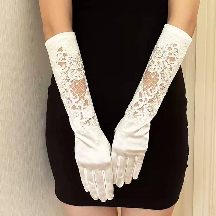 White Elegance Floral Lace Bridal Gloves - Luxurious Satin Wedding Gloves