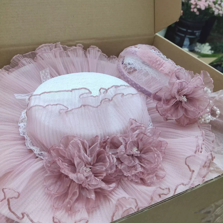 Vintage-Inspired Pink Lolita Hat with Delicate Floral Accents and Tulle