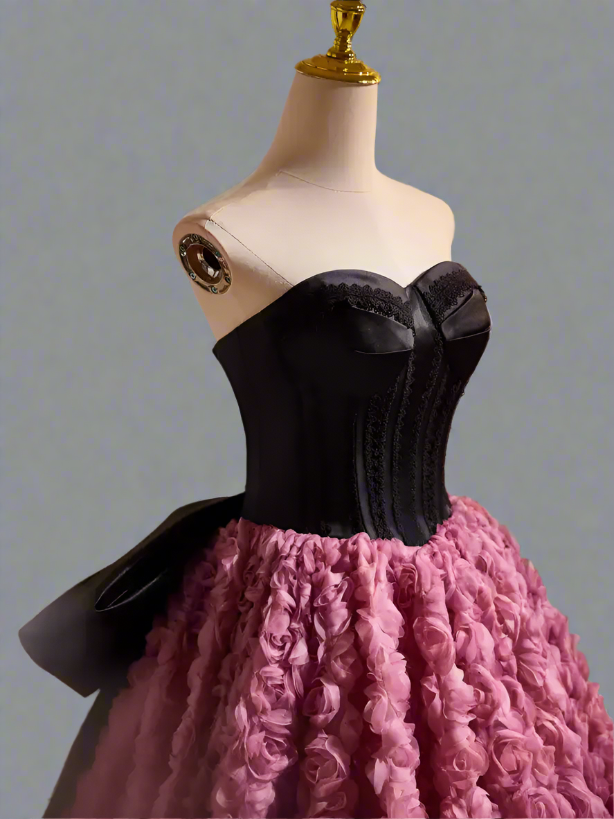 Gothic Black and Pink Ball Gown with Sweetheart Neckline - 3D Rose Dress with Strapless -  Pink and Black Floral Ball Gown with Oversized Bow Plus Size