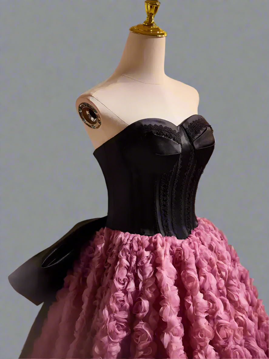 Gothic Black and Pink Ball Gown with Sweetheart Neckline - 3D Rose Dress with Strapless - Pink and Black Floral Ball Gown with Oversized Bow Plus Size Gothic Black and Pink Ball Gown with Sweetheart Neckline - 3D Rose Dress with Strapless - Pink and Black Floral Ball Gown with Oversized Bow Plus Size