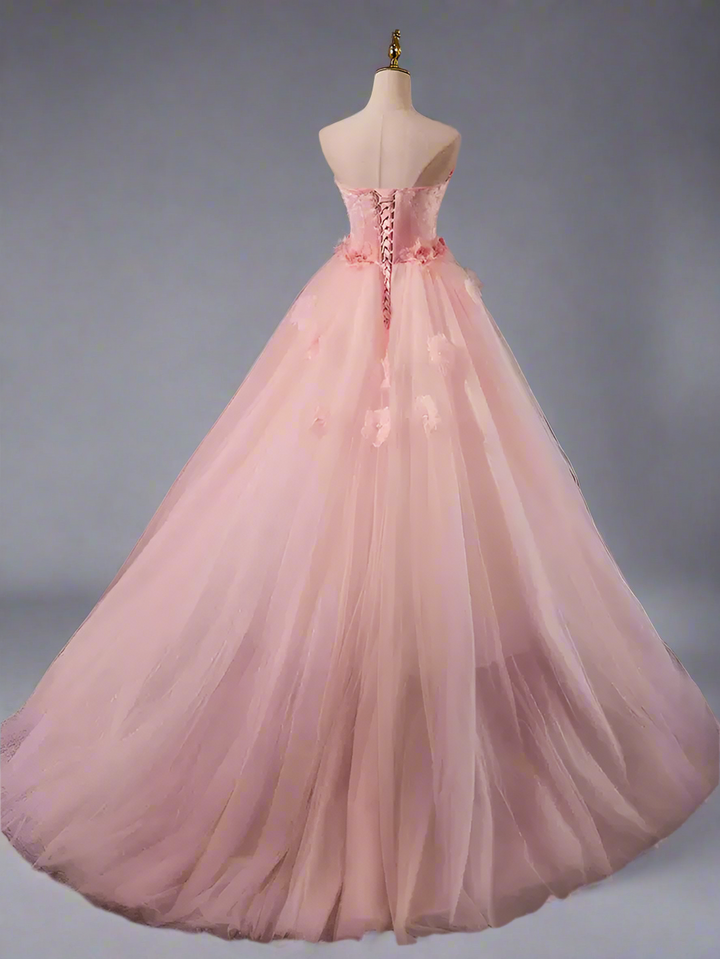 Pink Ball Gown with Floral Accessories - Corset Back Wedding Dress - Pink Flower Prom Dress with Tulle Plus Size