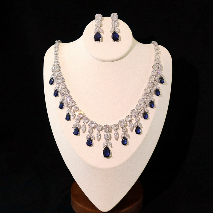 Vintage-Inspired Blue Gemstone Necklace and Earrings Jewelry Set