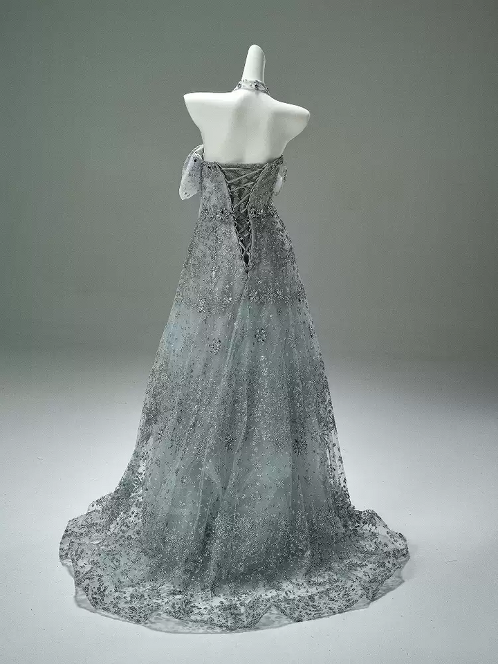 Silver Sequin Evening Gown with Corset Back – Sparkly Maxi Dress with Crystal Embellishments and Matching Choker Plus Size