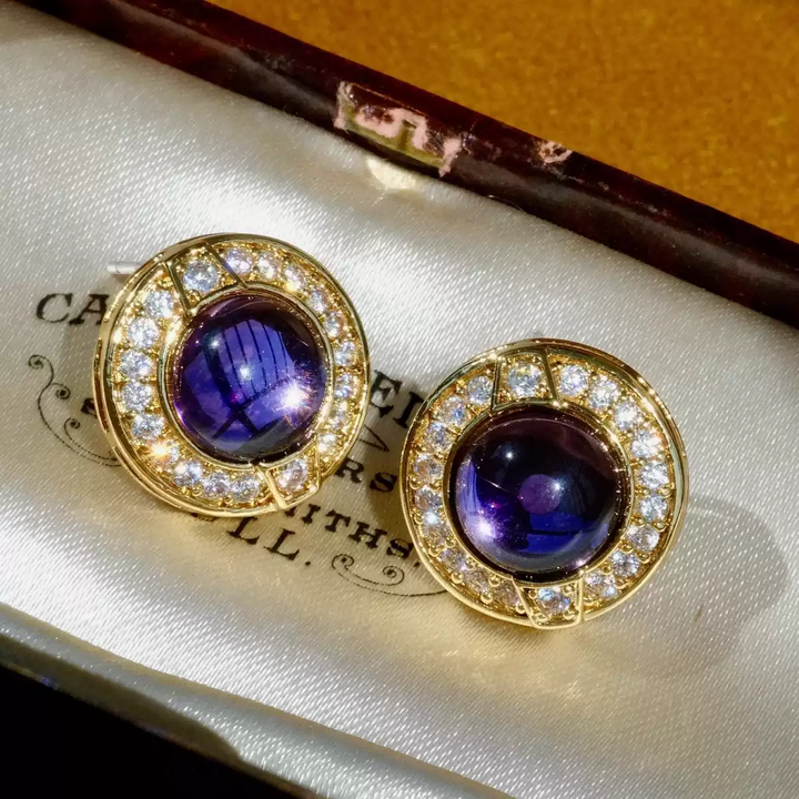 Whispers of Amethyst – Handmade Vintage-Style Purple Glass Cabochon Earrings - Purple Star Ring
