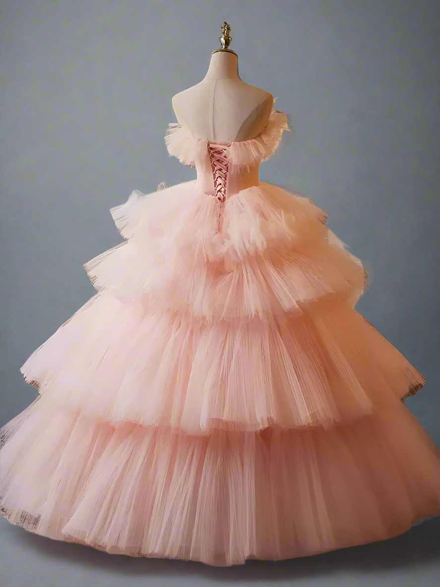 Pink Tiered Ball Gown - Corset Tulle Dress with Layered Ruffle Skirt – Layered Tulle Ruffle Dress Plus Size