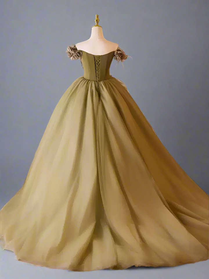 Sage Green Ball Gown -  Off-the-Shoulder Ball Gown with Flower Accessories - Wedding Dress with Sweetheart Neckline and Corset Back Plus Size