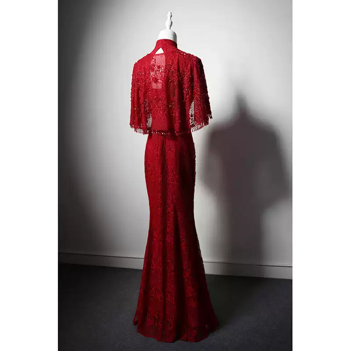 Luxury Red Cheongsam Dress with Lace and Beaded Detailing – Elegant Red Mermaid Evening Gown with Cap Sleeves Plus Size