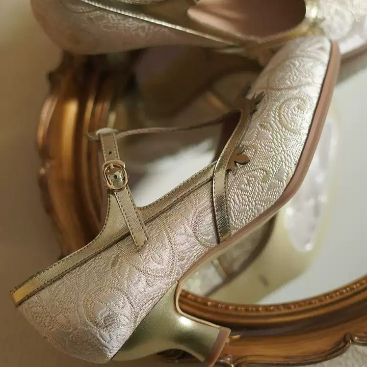 "Golden Garden" – Handmade Embroidered T-Strap Mary Jane Heels