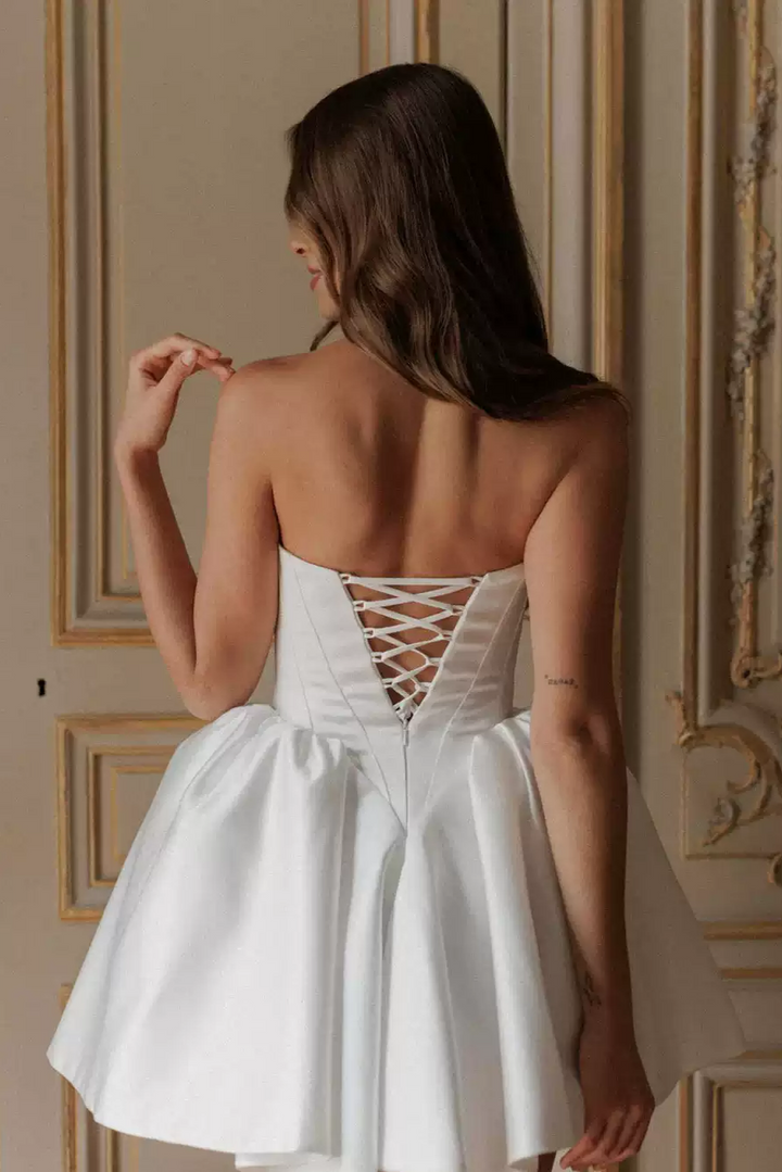 Short Wedding Party Dress with Corset Bodice and Full Satin Skirt – Sweetheart Neckline Wedding Dress Plus Size