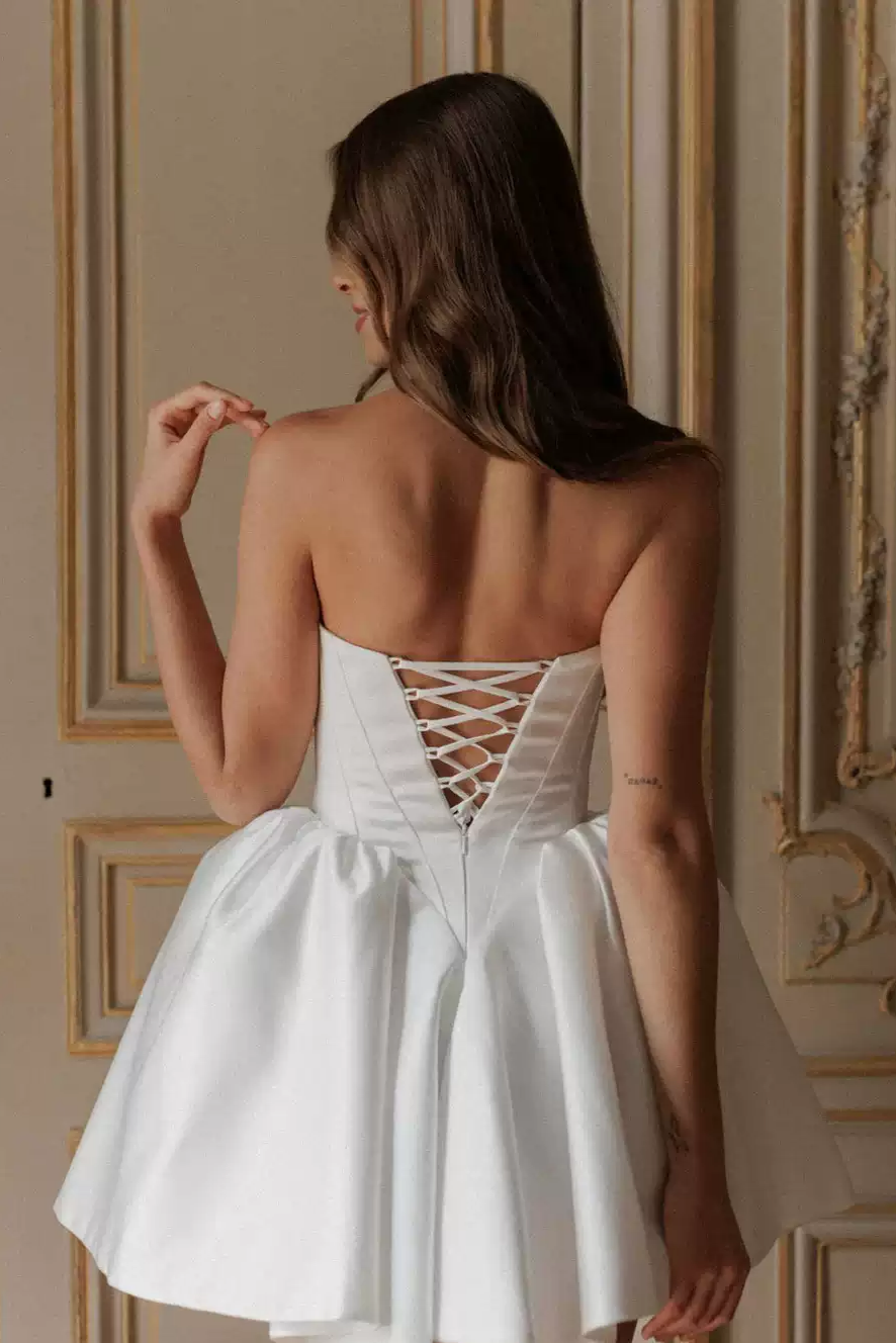 Short Wedding Party Dress with Corset Bodice and Full Satin Skirt