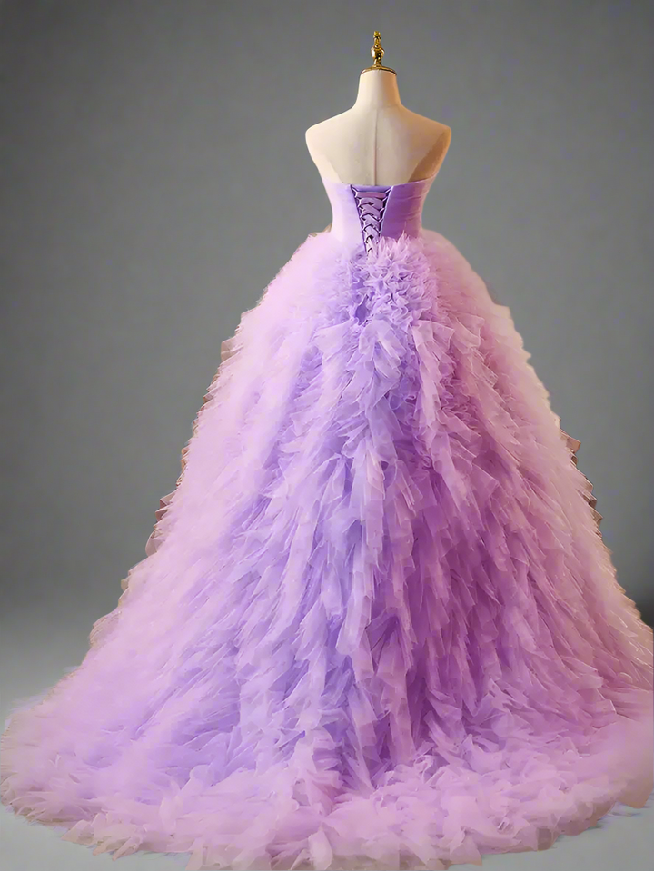 Purple Ball Gown with Layered Tulle Skirt - Corset Tulle Dress with Strapless - Layered Tulle Ruffle Dress Plus Size