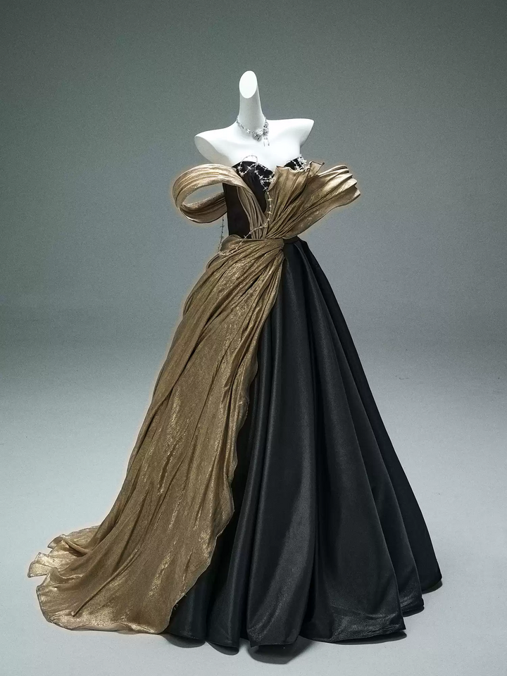 Black and Gold Evening Dress – Off the Shoulder Evening Gown with Draped Satin and Corset Back Plus Size