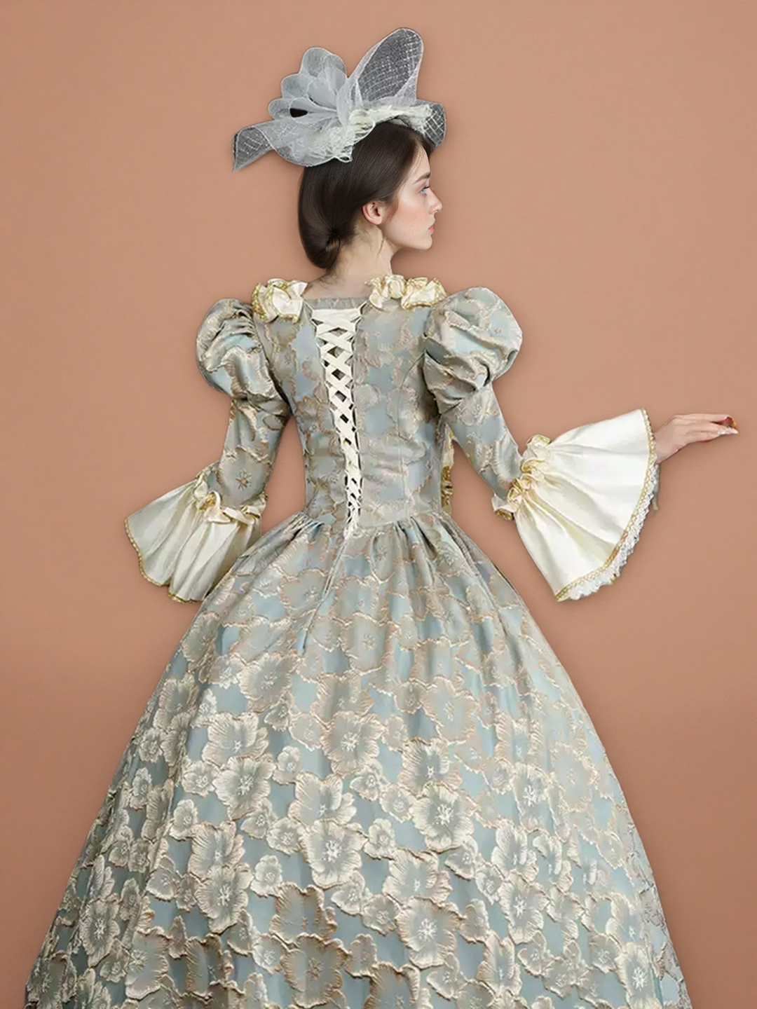 Rococo Pale Blue and Gold Embroidered Ball Gown – Vintage Court Dress with Lace-Up Bodice and Satin Skirt