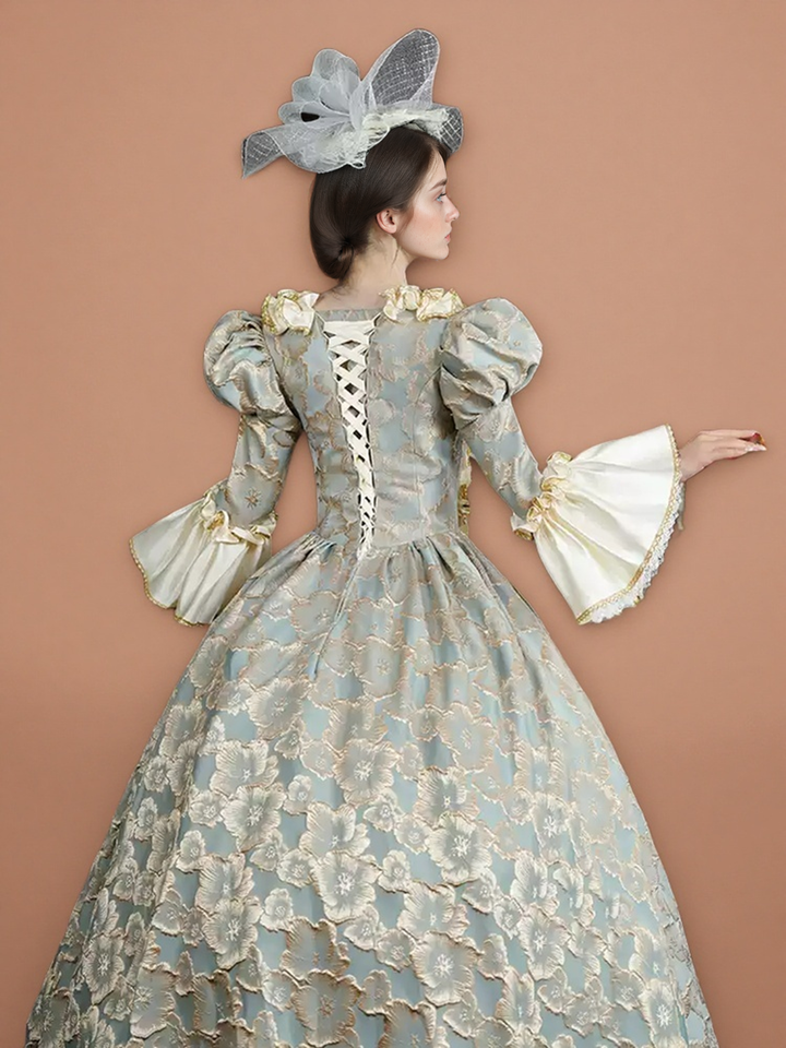 Rococo Pale Blue and Gold Embroidered Ball Gown – Vintage Court Dress with Lace-Up Bodice and Satin Skirt