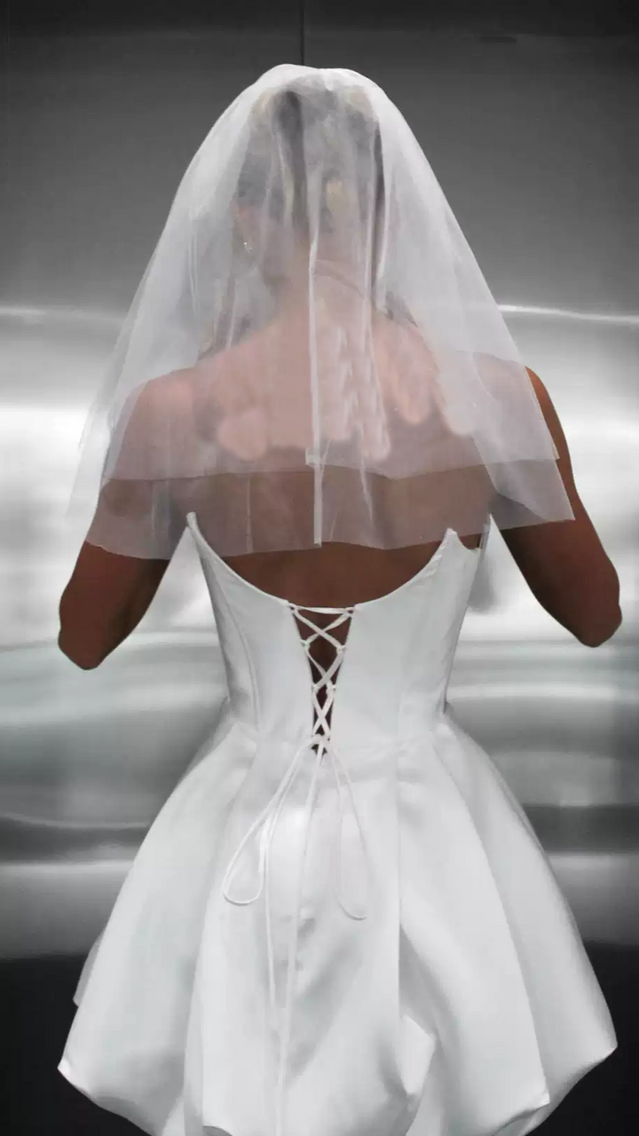 Short Wedding Party Dress with Corset Bodice and Bubble Hem – Strapless Wedding Dress - Satin Wedding Dress Plus Size