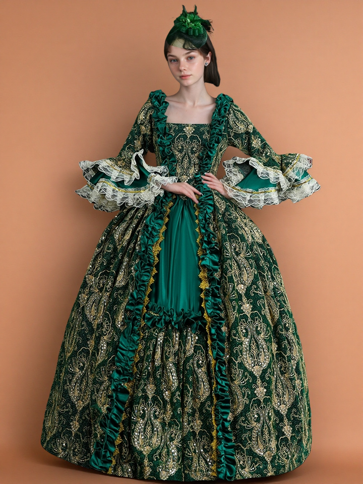 Marie Antoinette Rococo Style Dress in Green Brocade with Lace Bell Sleeves – Victorian Ball Gown Plus Size