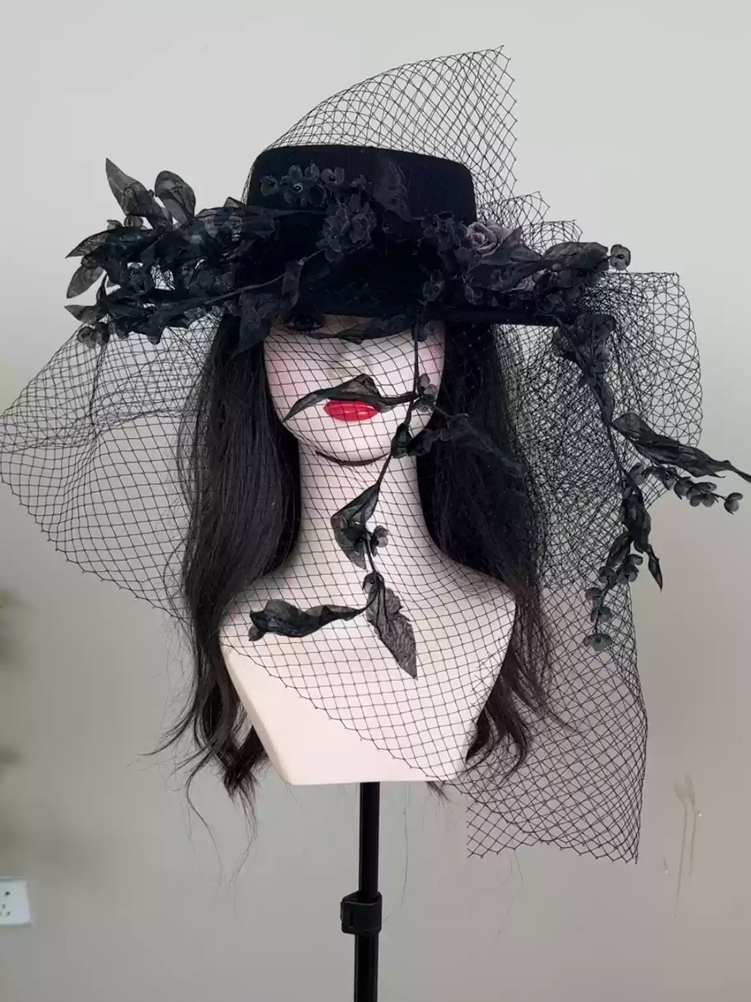 Gothic Black Top Hat with Feather and Floral Accents - Black Hat with Feather and Veil